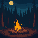 a campfire in midnight with logs around and a forest in background 