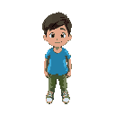 a young boy with blue t-shirt and green pants