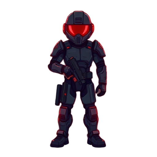 pixelated red-glowing cyber soldier
