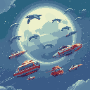 there are space ships in the sky. dolphins are flying away from planet earth.. against the background of the sky, a bunch of spaceships and vans from a hitchhiking trip through the galaxy 