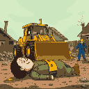 arthur dent from the hitchhiker's guide to the galaxy, he lies in front of a yellow bulldozer that is bearing down on his house. there's a demolition crew nearby and his ford's friend perfect in blue