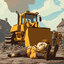 arthur dent from the hitchhiker's guide to the galaxy, he lies in front of a yellow bulldozer that is bearing down on his english home. there's a demolition crew nearby and ford's friend prefect.