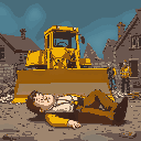 arthur dent from the hitchhiker's guide to the galaxy, he lies in front of a yellow bulldozer that is bearing down on his english home. there's a demolition crew nearby and ford's friend prefect.