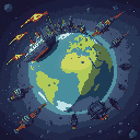 the destruction of planet earth by vile growths and piles of ship debris structures around the planet. these ships with garbage trailing behind them look like comets. the earth is square and cubic in