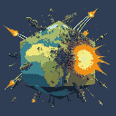destruction of planet cube earth by growths and spaceship debris structures around the planet. these ships with garbage trailing behind them look like comets. the earth is square and cube form