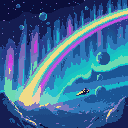many light rainbows and the northern lights at the same time, but in different places and they do not mix. there's a golden spaceship in space. planets