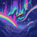 many rainbows and the northern lights at the same time, but in different places there's a golden spaceship in space. planets dark cosmos. 