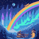 rainbows. there are many rainbows and the northern lights at the same time, but in different places and they do not mix. there's a golden ship in space, too, and it's an elegant neighborhood.