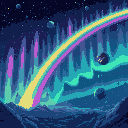 many light rainbows and the northern lights at the same time, but in different places and they do not mix. there's a golden spaceship in space. planets dark cosmos