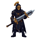 one-armed pixel warrior in dark armor with golden details, holding a huge broken sword, bloodied, vengeful, in a retro 2d soulslike style. gold detail and dark tones only