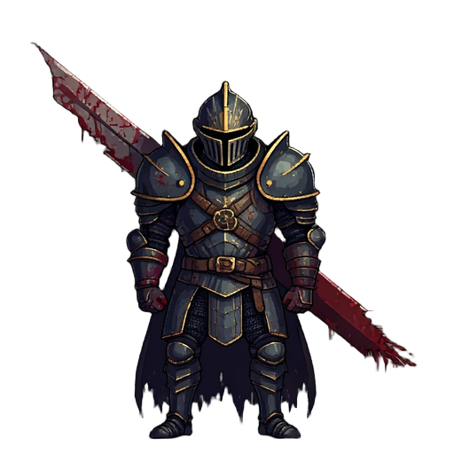 one-armed pixel warrior in dark armor with golden details, holding a huge broken sword, bloodied, vengeful, in a retro 2d soulslike style. gold detail and dark tones only