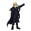 a man, full body, torn black cape, futuristic weapon on his back, blond hair, dark clothes, rpg character
