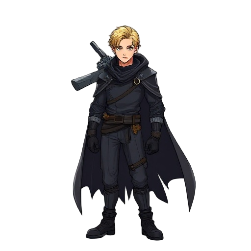 a man, full body, torn black cape, futuristic weapon on his back, blond hair, dark clothes