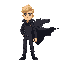 a man, full body, torn black cape, futuristic weapon on his back, blond hair, dark clothes