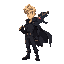 a man, full body, torn black cape, futuristic weapon on his back, blond hair, dark clothes