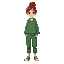 teenage girl with red hair tied in a bun, fair skin and green sweatshirt and cargo pants