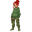 teenage girl with red hair tied in a bun, fair skin and green sweatshirt and cargo pants