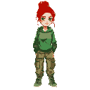 teenage girl with red hair tied in a bun, fair skin and green sweatshirt and cargo pants
