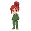 teenage girl with red hair tied in a bun, fair skin and green sweatshirt and cargo pants