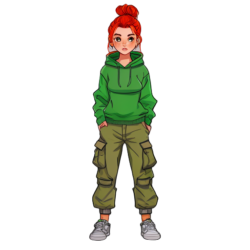 teenage girl with red hair tied in a bun, fair skin and green sweatshirt and cargo pants