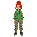 teenage girl with red hair tied in a bun, fair skin and green sweatshirt and cargo pants