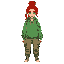 teenage girl with red hair tied in a bun, fair skin and green sweatshirt and cargo pants