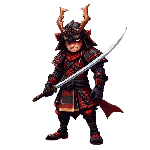 "a semi-realistic digital painting of a fierce samurai warrior in traditional red and black armor, holding a katana in his right hand. he wears a demonic helmet with horns, intricate segmented armor, and stands in a powerful pose. the background is moody 