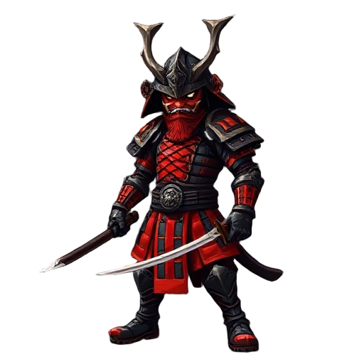 "a semi-realistic digital painting of a fierce samurai warrior in traditional red and black armor, holding a katana in his right hand. he wears a demonic helmet with horns, intricate segmented armor, and stands in a powerful pose. the background is moody 