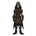 tall, skinny ranger in a tattered cloak, worn leather and rusted metal armor. face hidden under the hood. 