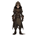 tall, skinny ranger in a tattered cloak, worn leather and rusted metal armor. face hidden under the hood. 