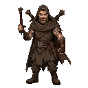 rugged ranger in a tattered cloak, gripping a longsword. a dagger and whip hang from his belt, with a bow and quiver on his back. worn leather and rusted metal armor, scarred face, piercing eyes, batt