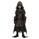 tall, skinny ranger in a tattered cloak, worn leather and rusted metal armor. face hidden under the hood. 