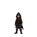 “a rugged ranger standing in the desolate plains of a dark fantasy, post-apocalyptic medieval world. the character wears a tattered dark cloak with a hood partially covering their face, revealing pier