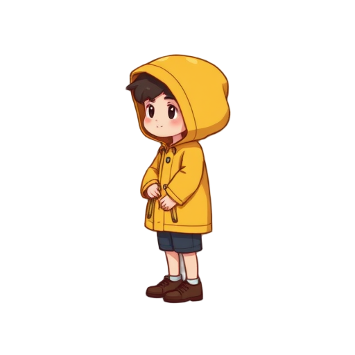 pixel child in yellow raincoat, side view, 2d sprite, standing, game character