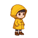 pixel child in yellow raincoat, side view, 2d sprite, standing, game character