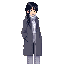 25-year-old woman, black hair in a side braid on the right, fair skin, and eyes marked by eyeliner. she wears an ice gray turtleneck with a discreet scarf, a mid-gray coat, light gray dress pants, and grayish-brown shoes. a neutral palette highlights her 