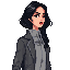 25-year-old woman, black hair in a side braid on the right, fair skin, and eyes marked by eyeliner. she wears an ice gray turtleneck with a discreet scarf, a mid-gray coat, light gray dress pants, and grayish-brown shoes. a neutral palette highlights her 