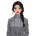 25-year-old woman, black hair in a side braid on the right, fair skin, and eyes marked by eyeliner. she wears an ice gray turtleneck with a discreet scarf, a mid-gray coat, light gray dress pants, and grayish-brown shoes. a neutral palette highlights her 