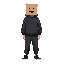 a man standing straight, wearing a black hoodie with the hood up, black sweatpants, and black sneakers. his head is covered with a brown paper bag that has a creepy smiling face drawn on it.