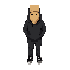 a man standing straight, wearing a black hoodie with the hood up, black sweatpants, and black sneakers. his head is covered with a brown paper bag that has a creepy smiling face drawn on it.