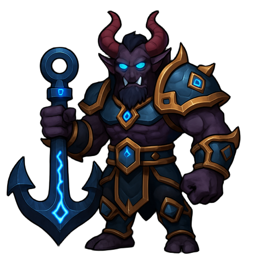 a powerful, semi-realistic fantasy demon warlord with dark purple muscular skin and glowing blue eyes, wearing ancient enchanted armor with gold and blue details. he wields a massive enchanted anchor 
