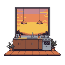 evening kitchen room, with sunset