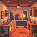 evening kitchen room, with sunset