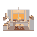 evening kitchen room, with sunset, top view