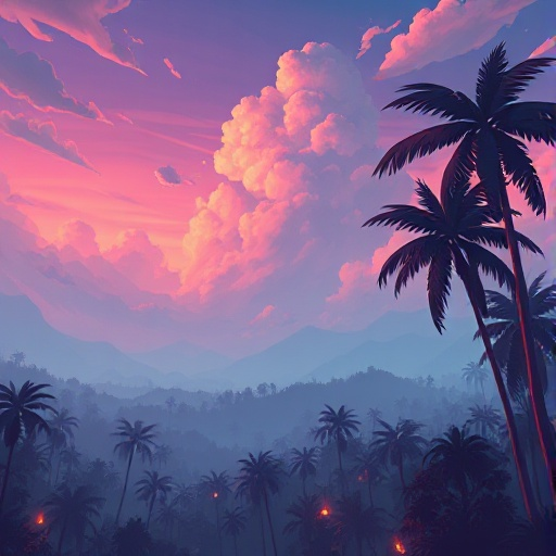  background of the sky with a forest with burning palmtrees retro 2d airborne view