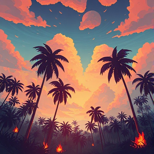  background of a sky with a forest below with burning palmtrees retro 2d