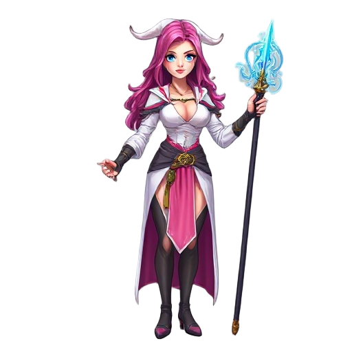 beautiful woman mage, revealing clothes, white and pink colour of clothes. big brests. holding mage-staff in one hand.