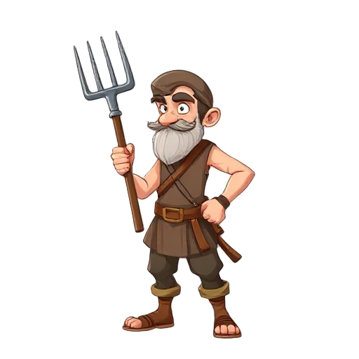 determined peasant, holding a pitchfork like a weapon in a defensive pose.   side view, isolated on a transparent background.