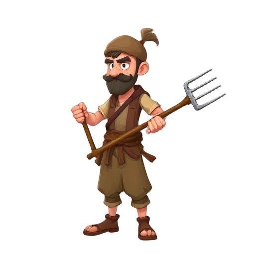 determined peasant, holding a pitchfork like a weapon in a defensive pose.   side view, isolated on a transparent background.