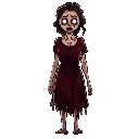  mulher em estilo de terror psicológico  ela está de pé em um ambiente sombrio e decadente, com iluminação fraca. usa um vestido vermelho escuro gasto e manchado, com mangas compridas. transmitindo desconforto. 